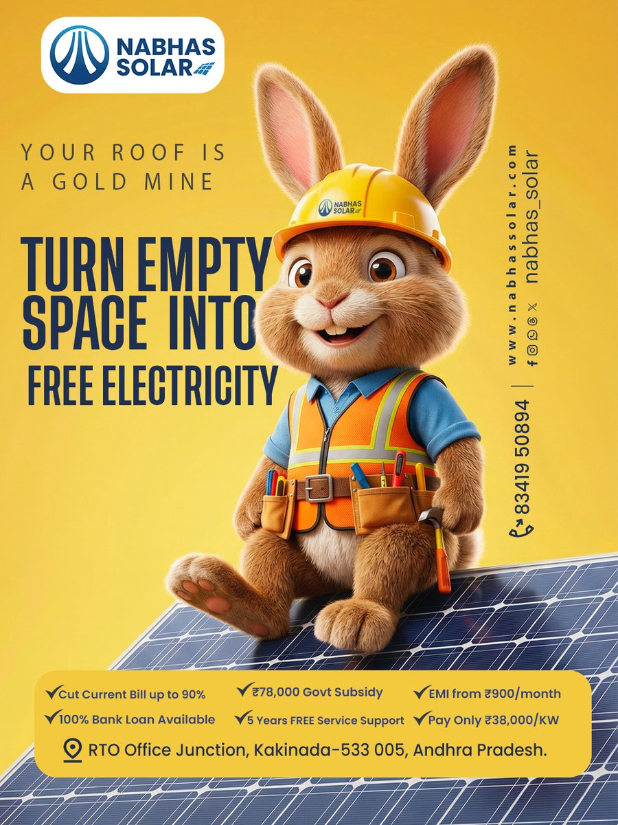 NabhasSolar's tweet photo. Turn your rooftop into a source of FREE electricity ☀️⚡

Save up to 90% on your power bills with easy EMI &amp; govt subsidy 💰
Smart homes choose solar 🌱

📞 83419 50894
📍 RTO Office Junction, Kakinada - 533005, Andhra Pradesh

#SolarEnergy #GoSolar #SaveMoney #kakinada https://t.co/hfvXcxehSR