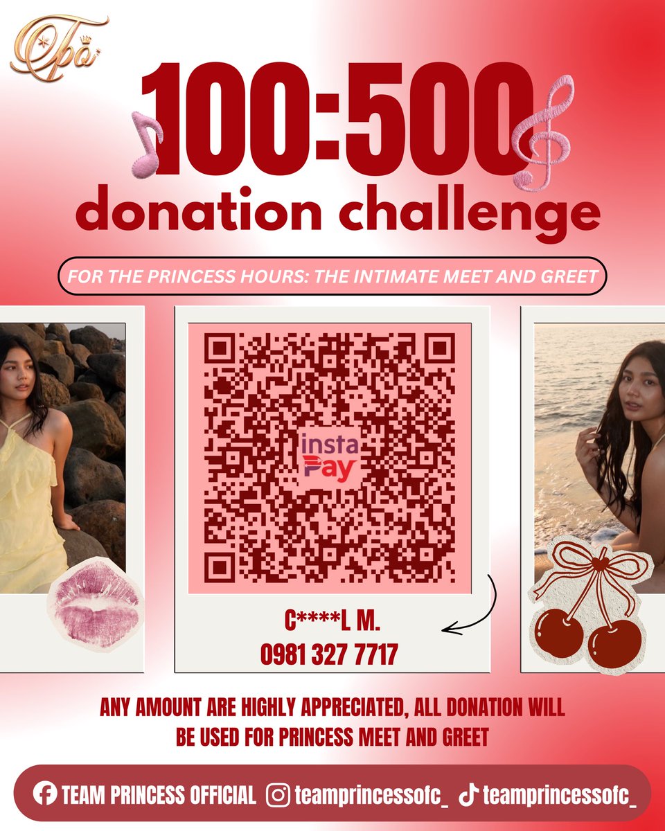 TeamPrincessOFC's tweet photo. 𝟏𝟎𝟎:𝟓𝟎𝟎 𝐃𝐎𝐍𝐀𝐓𝐈𝐎𝐍 𝐂𝐇𝐀𝐋𝐋𝐄𝐍𝐆𝐄

the countdown to princess’s meet & greet has officially begun! to make this royal gathering absolutely magical, we are launching our 𝗱𝗼𝗻𝗮𝘁𝗶𝗼𝗻 𝗰𝗵𝗮𝗹𝗹𝗲𝗻𝗴𝗲.

we are looking for 500 royals to contribute ₱100 (or any amount you’re comfortable with!) to help bring this event to life. your support helps us secure the perfect venue, delicious catering, and fun food carts for the day.

every peso brings us one step closer to making memories with princess. are you in? ❤️

#PrincessAliyah | Princess Aliyah