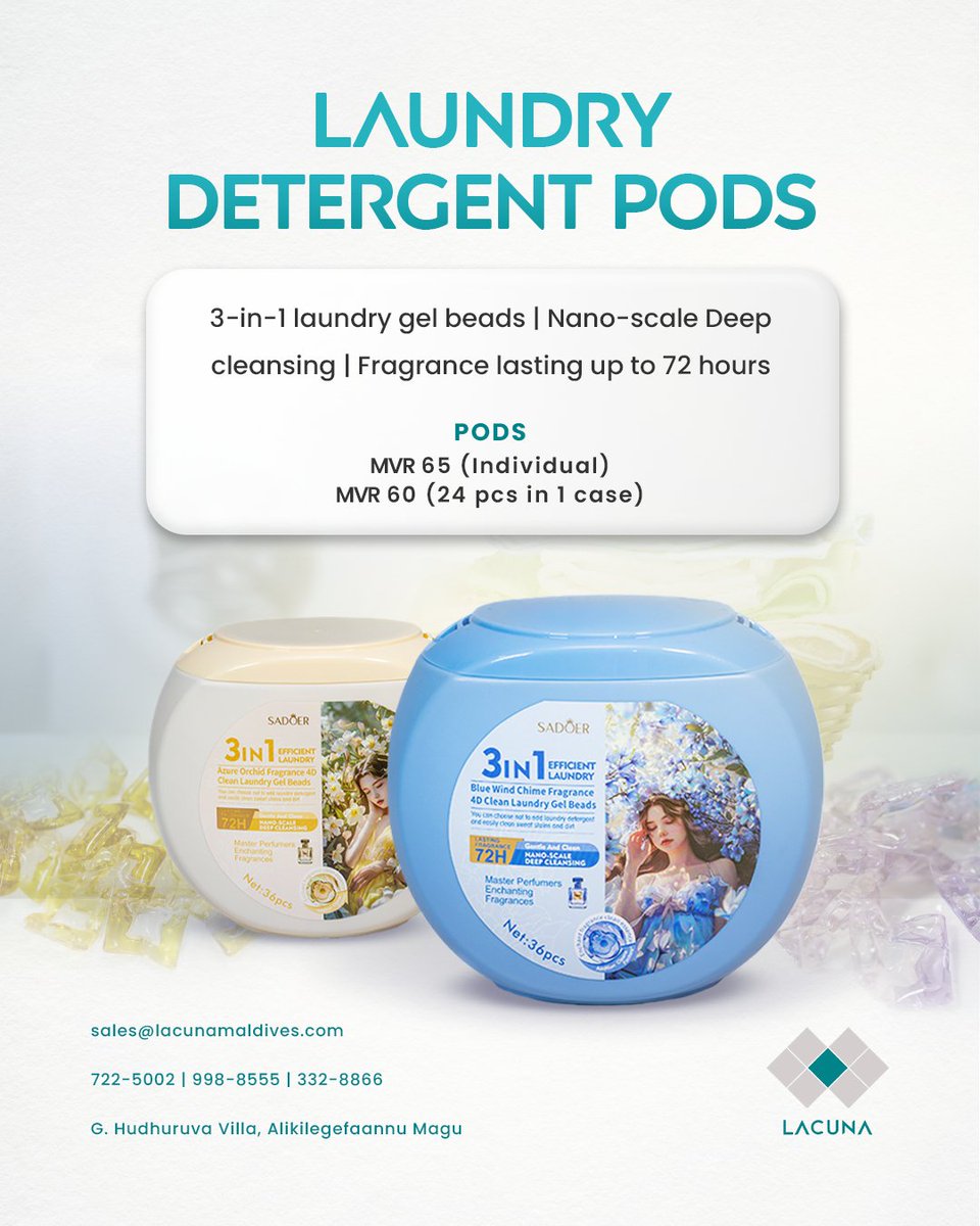 LacunaMaldives's tweet image. Sadoer laundry detergent pods for convenient, mess-free cleaning with powerful results.

3-in-1 formula with deep cleansing and long-lasting fragrance. 🌼

ORDER NOW
📱 722-5002 | 998-8555 | ☎️ 332-8866
📧 sales@lacunamaldives.com

#Maldives #laundrydetergent #Detergent