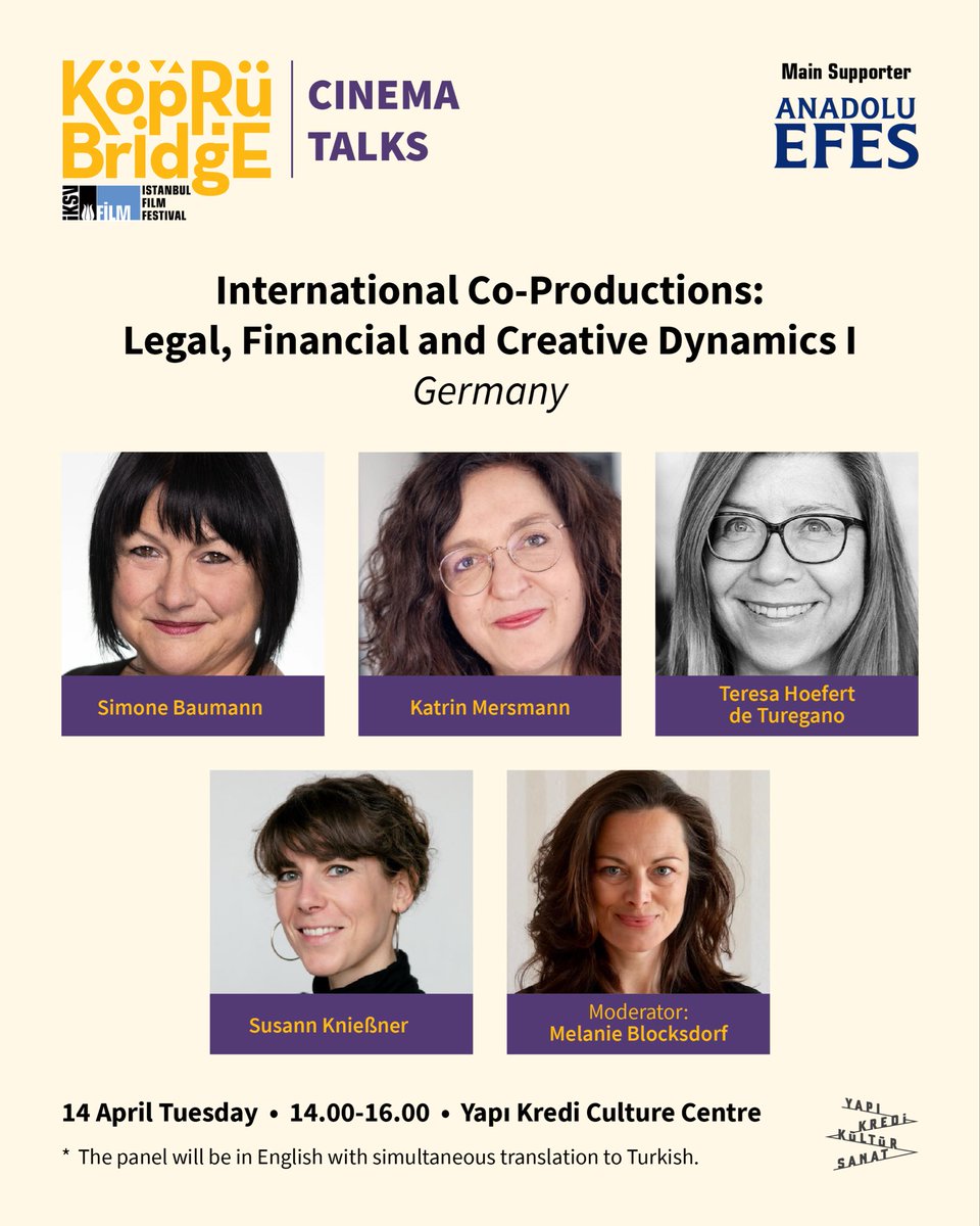 koprudebulusma's tweet photo. Get ready for the Cinema Talks! 🎬 

Join us for three specialized panels exploring the legal, financial, and creative pulse of global filmmaking. 

📍 Yapı Kredi Culture &amp; Arts ✔️ Free &amp; open to all 🌐 EN —> TR simultaneous translation

#jointhemob #meetingsonthebridge https://t.co/uyiLjHVtfL