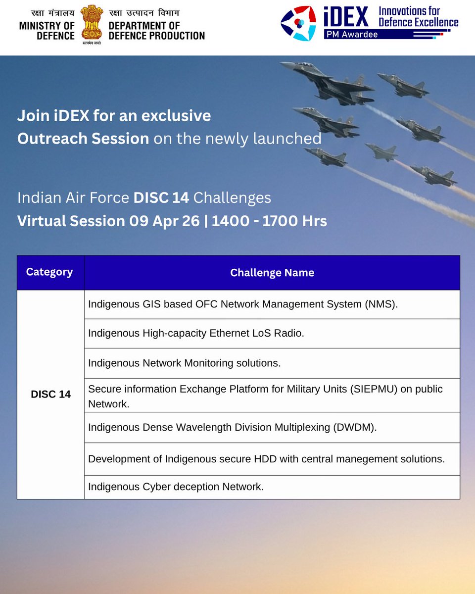 India_iDEX's tweet image. #iDEX invites #Startups, #MSMEs &amp;amp; #Innovators to an exclusive outreach session on the newly launched Indian Air Force (@IAF_MCC) DISC 14 Challenges

🗓 09 Apr 26
🕑 1400–1700 Hrs
💻 Virtual 

Join at: idex-dio.webex.com/idex-dio/j.php…
Be part of India’s growing defence innovation ecosystem