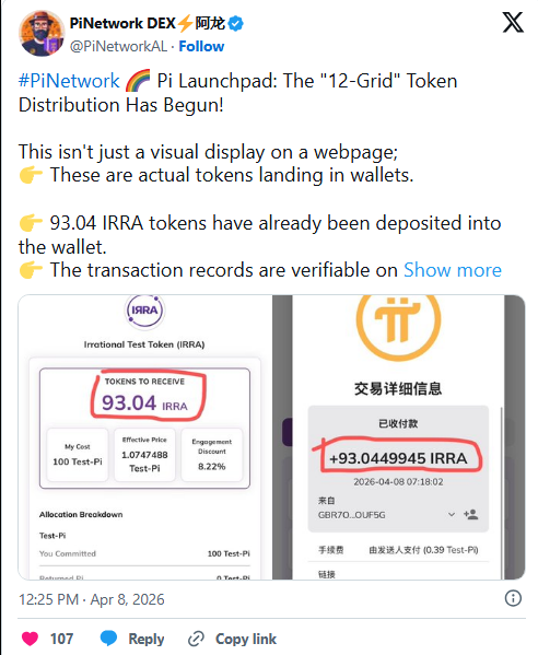 Inter_Saigon's tweet photo. MẠNG THỬ NGHIỆM PI LAUNCHPAD BẮT ĐẦU GIAI ĐOẠN THỬ NGHIỆM PHÂN PHỐI 12 TOKEN GRID.

Pi Network đã tiến tới giai đoạn "Mạng mở" bằng cách thử nghiệm Token Launchpad mới và bắt buộc nâng cấp node lên phiên bản V21.2.

Pi Network đã tiến thêm một bước nữa trong việc xây dựng hệ sinh thái của mình. Bản cập nhật mới nhất cho thấy tính năng Launchpad đã bắt đầu thử nghiệm phân phối token trên mạng thử nghiệm. Thử nghiệm này sử dụng hệ thống có tên gọi là “12-Grid”. Mặc dù tên gọi nghe có vẻ phức tạp, nhưng ý tưởng rất đơn giản. Nó cho phép người dùng đăng ký tham gia một dự án, nhận phân bổ token và sau đó nhận được các token đó vào ví của họ.

Kết quả ban đầu cho thấy hệ thống đang hoạt động. Ví dụ, khoảng 93 token thử nghiệm IRRA đã được gửi đến một ví. Các giao dịch này hiển thị trên blockchain. Điều này có nghĩa là quy trình là có thật và có thể kiểm chứng. Mặc dù đây vẫn là giai đoạn thử nghiệm, nhưng nó cho thấy Pi Network đang tiến gần hơn đến việc xây dựng các trường hợp sử dụng thực tế.

Toàn bộ quy trình đã được kiểm tra từ đầu đến cuối.
Điểm nổi bật nhất của bản cập nhật này là toàn bộ quy trình diễn ra suôn sẻ. Đầu tiên, người dùng đăng ký bằng token Pi thử nghiệm. Sau đó, hệ thống tính toán số lượng token họ sẽ nhận được. Cuối cùng, nhóm phát triển đã gửi token trực tiếp vào ví của họ. Điều này có nghĩa là họ đã kiểm tra toàn bộ quy trình. Từ khâu đăng ký đến phân phối, mọi thứ đều hoạt động như mong đợi.

Điều đó rất quan trọng. Nhiều dự án nói về bệ phóng, nhưng không phải tất cả đều cho thấy hệ thống hoạt động. Ở đây, mạng Pi đã cho thấy một chu trình hoàn chỉnh, ngay cả khi nó vẫn đang trên mạng thử nghiệm. Ngoài ra, người dùng đặt cọc Pi trong hệ thống này sẽ cần đợi khoảng 30 ngày trước khi có thể rút tiền. Điều này bổ sung thêm tính năng khóa cơ bản, vốn phổ biến trong các đợt ra mắt token.

Vẫn chỉ là một thử nghiệm, nhưng là một tín hiệu mạnh mẽ.
Điều quan trọng cần lưu ý là đây không phải là phiên bản cuối cùng. Hệ thống vẫn đang chạy trên mạng thử nghiệm (testnet), chứ không phải mạng chính thức (mainnet). Nhưng hiện tại họ đã chứng minh được logic hoạt động của nó. Hệ thống có thể xử lý dữ liệu đầu vào từ người dùng, phân bổ token và phân phối token.

Nói một cách đơn giản, đây không còn chỉ là một ý tưởng nữa. Nó là một mô hình hoạt động. Bước này cũng cho thấy Pi Network đang dần xây dựng các công cụ dành cho nhà phát triển và dự án. Một Pi Launchpad hoạt động hiệu quả có thể giúp các ứng dụng mới huy động vốn và phát triển trong hệ sinh thái.

Những nâng cấp cho thấy những kế hoạch lớn hơn đang chờ đón phía trước.
Bản cập nhật này cũng đi kèm với các nâng cấp mạng gần đây. Việc nâng cấp Giao thức 21.2 đã hoàn tất. Điều này giúp cải thiện độ ổn định của mạng và chuẩn bị hệ thống cho các tính năng trong tương lai.

Tiếp theo, Pi dự định giới thiệu khung token PiRC1. Sau đó, các nhà phát triển kỳ vọng sẽ có sự hỗ trợ đầy đủ cho hợp đồng thông minh. Những cập nhật này rất quan trọng. Chúng sẽ cho phép các nhà phát triển xây dựng các ứng dụng, token và dịch vụ thực sự trên mạng lưới. Tóm lại, Pi Network đang chuyển từ một ứng dụng khai thác đơn giản sang một hệ sinh thái blockchain hoàn chỉnh.

Phản ứng của cộng đồng vẫn còn trái chiều.
Mặc dù tiến độ đã rõ ràng, nhưng không phải tất cả người dùng đều hoàn toàn hài lòng. Một số người dùng đã bày tỏ lo ngại về sự chậm trễ, đặc biệt là xung quanh quy trình KYC và chuyển đổi sang mạng chính . Những người khác thì đặt câu hỏi về cách thức xử lý phần thưởng và các quy trình khác.

Mặc dù nhiều người dùng vẫn giữ vững hy vọng, họ xem những bản cập nhật này như bằng chứng cho thấy dự án vẫn đang hoạt động và được cải thiện. Hiện tại, thử nghiệm trên Pi Launchpad bổ sung thêm một mảnh ghép vào bức tranh tổng thể. Nó cho thấy Pi Network không chỉ nói suông về tính hữu dụng nữa, mà đang từng bước xây dựng nó.

Theo Shweta Chakrawarty