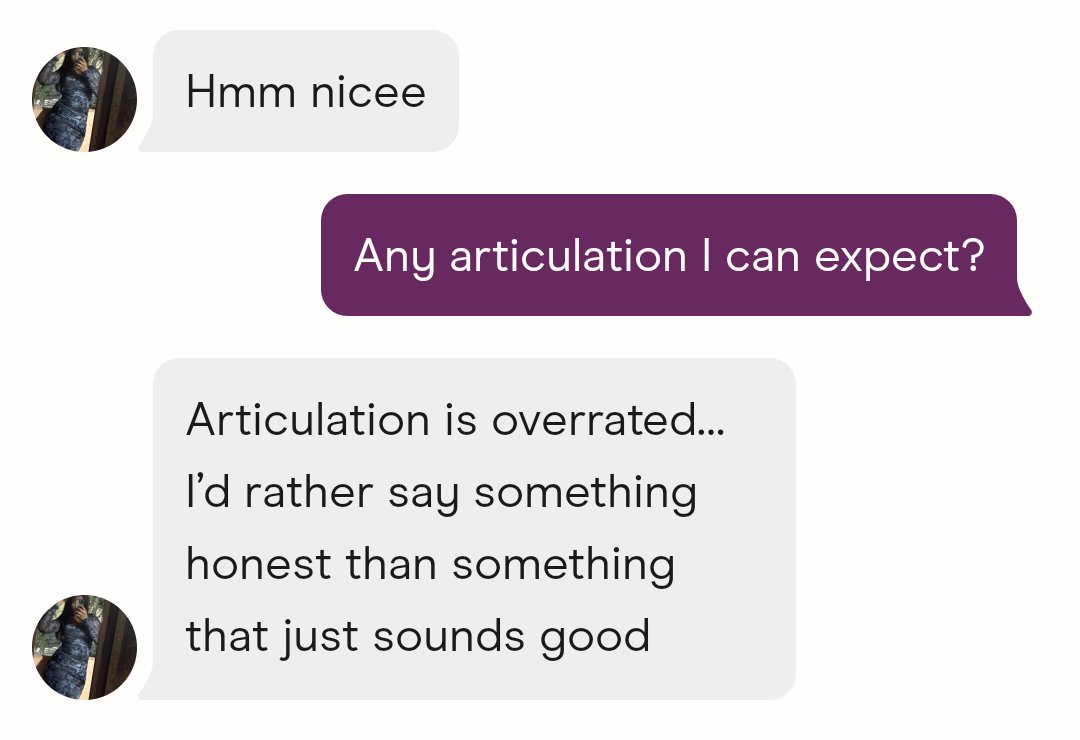 059Mustang's tweet photo. "hmm nice" and "articulation is overrated" in a span of two messages 💔 https://t.co/qwK3H0TPkq