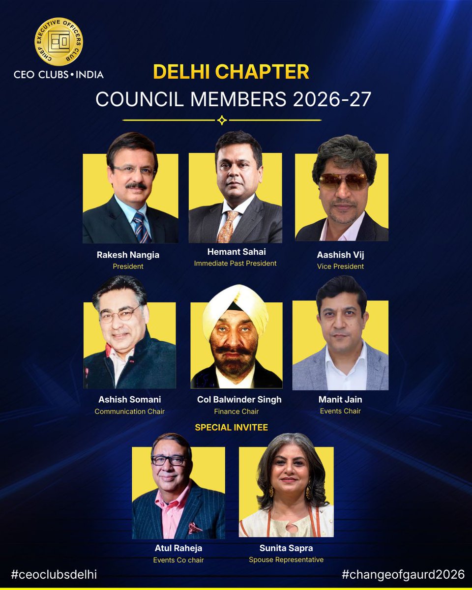 Rakesh_Nangia's tweet photo. I am deeply humbled &amp; excited to share that I have been elected as the President of @ceoclubsindia  Delhi Chapter for 2026–27. I am grateful for the trust placed in me by the Council Members &amp; to the outgoing leadership for building such a strong foundation for this chapter. https://t.co/WFMAEMcrhz