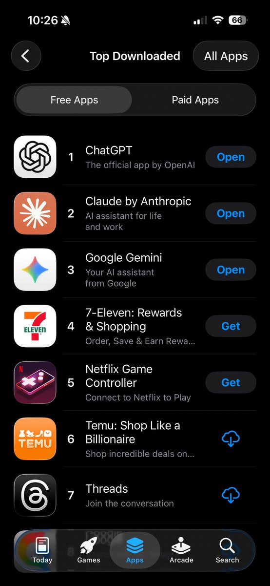 Top three free apps are ChatGPT, Claude, and Gemini.

All the labs are building up quite the advertising surface area.