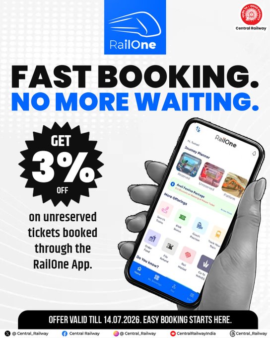 BhusavalDivn's tweet image. Skip the queue and book smarter with the RailOne App! 📱

Get 3% OFF on unreserved tickets and enjoy fast, hassle-free booking anytime, anywhere.

Offer valid till 14.07.2026. Easy booking starts here!

#RailOne #SmartTravel #UnreservedTicket #CentralRailway #DigitalIndia