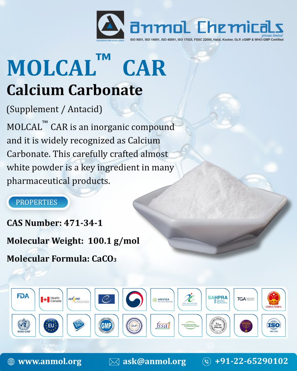 anmolchemical's tweet image. Calcium Carbonate (MOLCAL™ CAR) is a high-purity compound used as a reliable calcium supplement and antacid, supporting bone health and digestive wellness.
By Anmol Chemicals Pvt. Ltd. 
🌐 anmol.org | 📧 ask@anmol.org

#CalciumCarbonate #MOLCAL #Pharma