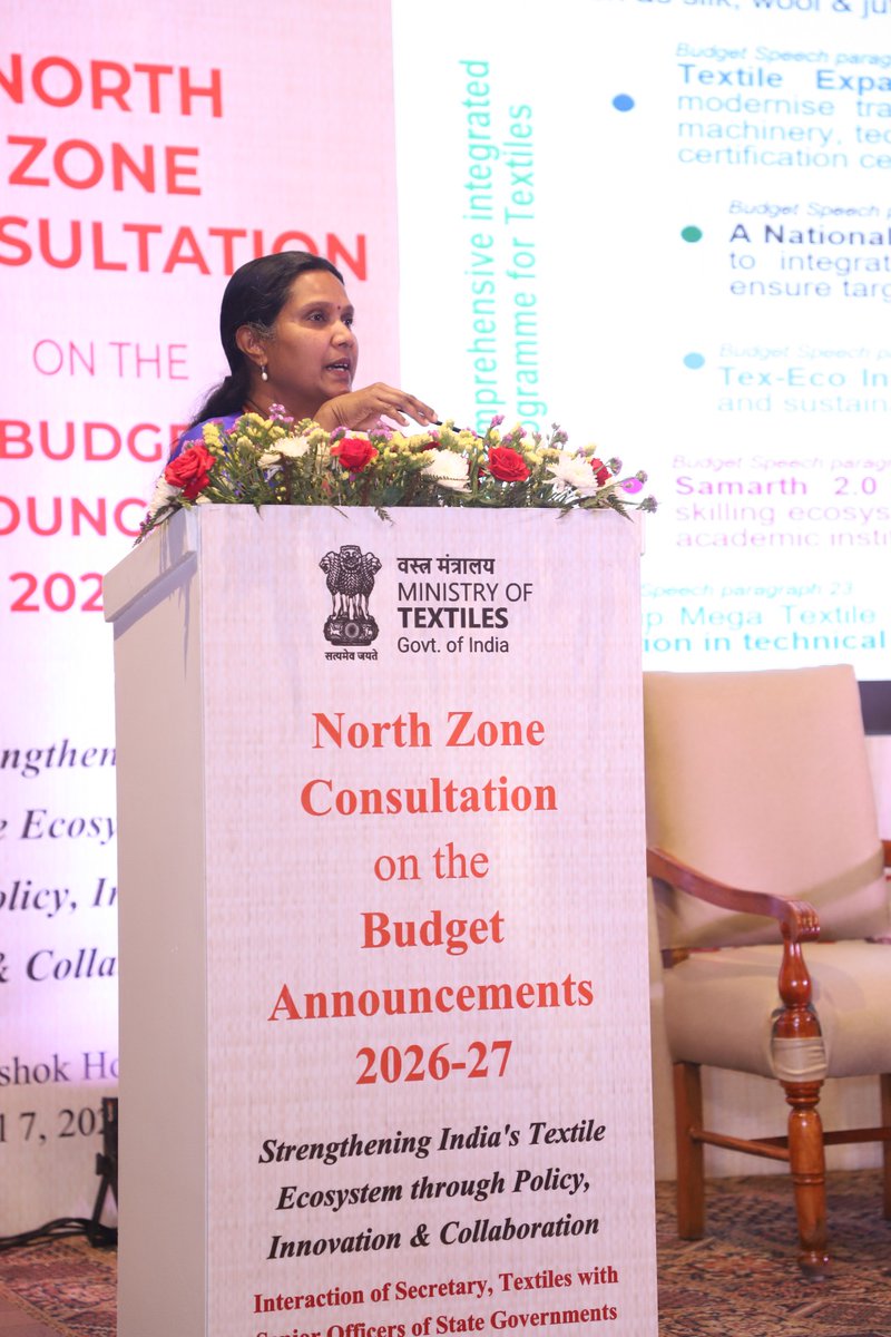 ncdpd_official's tweet photo. The Ministry of Textiles hosted a Regional Consultation Workshop on New Textile Schemes based on the Budget Announcements 2026–27, bringing together key stakeholders, industry experts, and state representatives to shape the future of India’s textile sector. https://t.co/c0PLtS7dQn