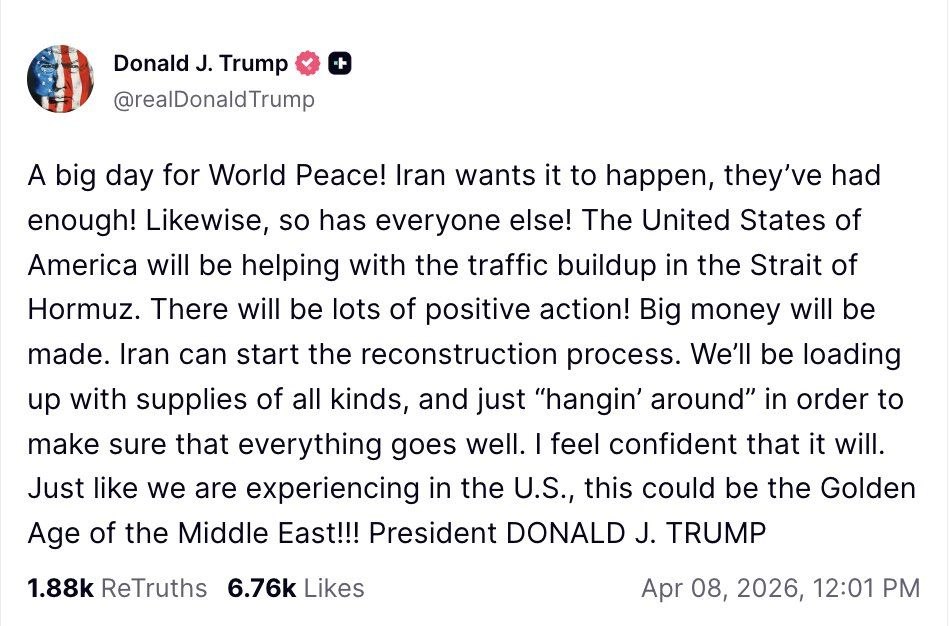 MagnificaBestia's tweet photo. 🤝🏼📈🇺🇸🇮🇷 Trump calificó el acuerdo como “un gran día para la paz mundial” y dijo que podría iniciar una “Golden Age” en Medio Oriente.

Afirmó que EE. UU. ayudará a gestionar el tráfico en el Estrecho de Ormuz, mantendrá presencia en la zona https://t.co/WUWZ4XkAhS