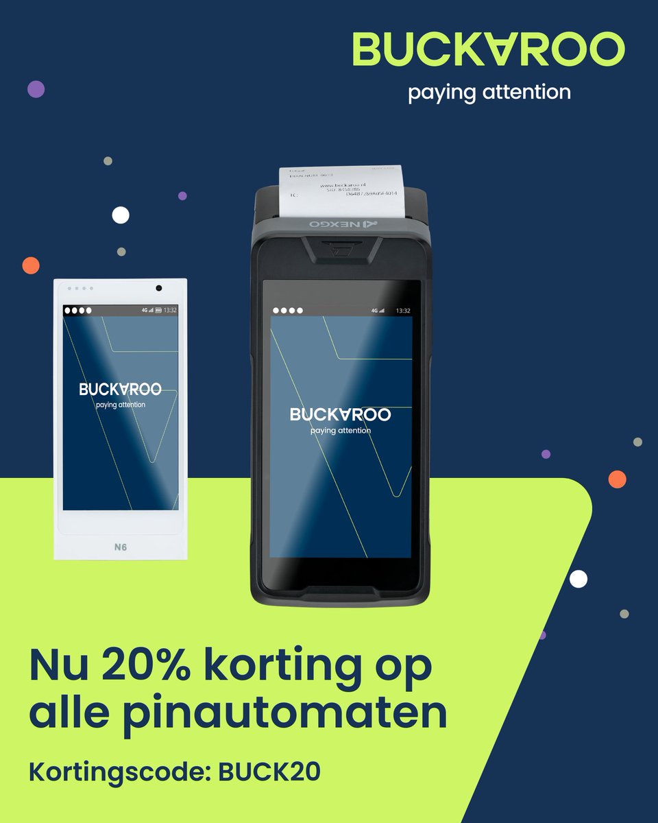BuckarooBV's tweet image. T/m 24 april 2026 krijg je 20% korting op al onze pinautomaten met code BUCK20 ✅

Twijfel je nog welk toestel bij jouw zaak past? In deze blog geven we meer uitleg hierover💡
buckaroo.nl/blogs/welke-pi…

#PayingAttention #Buckaroo #POS #Pinautomaat #Pinapparatuur