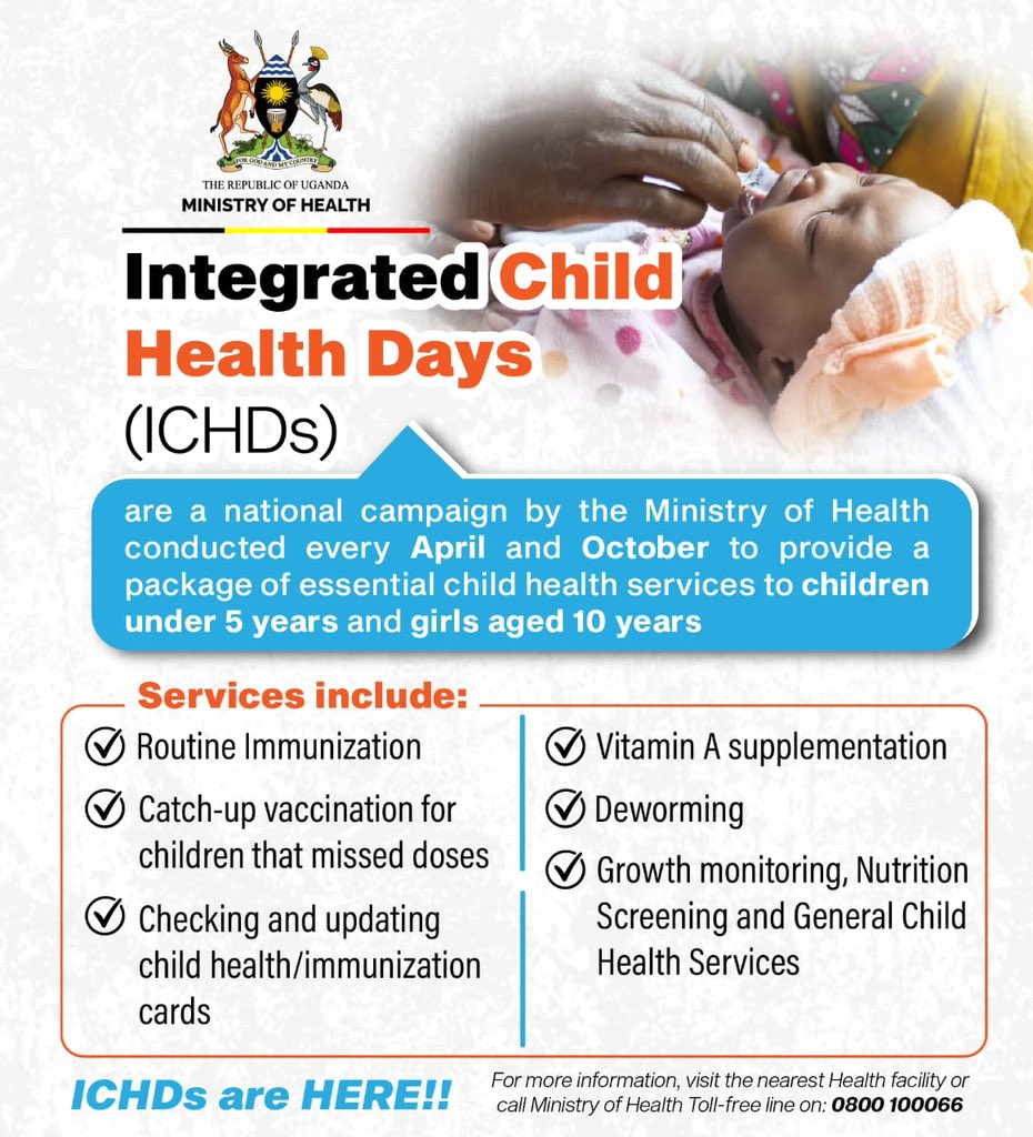 MinofHealthUG's tweet photo. The ICHDs are here. This is a national campaign conducted every April and October providing a package of essential health services to children. 

Visit your nearest health facility or outreach post to ensure that your child is fully vaccinated and growing healthy. #MOHatWork https://t.co/KNRRywLtFF