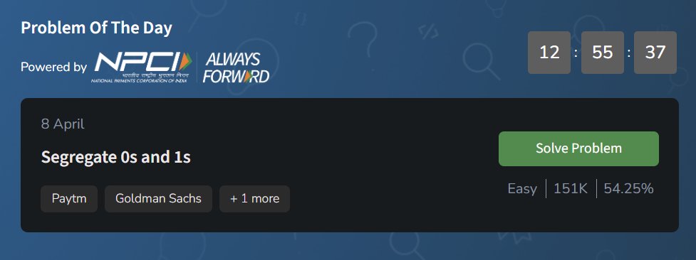 PrincyDubey84's tweet photo. Day 48/60 ✅Keeping it efficient with the Two-Pointer technique! 🔄🔢Today’s challenge was segregating 0s and 1s in-place. 🚀#geekstreak60 #npci #POTD #DSA #TwoPointers #ArrayManipulation #ProblemSolving #Python #Cpp @geeksforgeeks @NPCI_NPCI https://t.co/9fFiwIsoj1