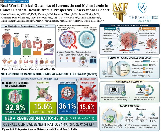 🚨BREAKING: Largest Real-World Study of Ivermectin + Mebendazole in Cancer Patients Shows 84.4% Clinical Benefit — Nearly HALF Report Cancer Disappearance or Tumor Regression

After just 6 months, 48.4% of cancer patients taking ivermectin and mebendazole reported NO EVIDENCE OF