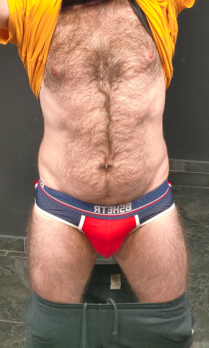 Peludon2's tweet photo. Light rain today.... Need to train anyways.... Red #jockstrap https://t.co/rMLo9lWaVi