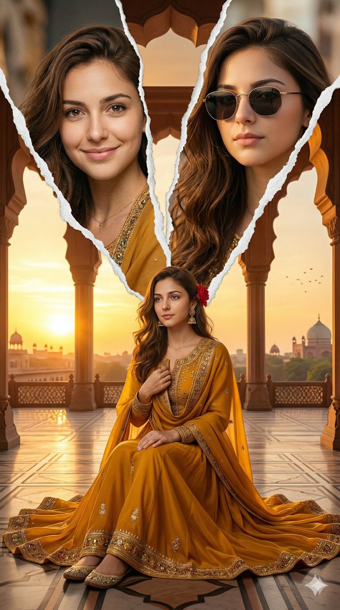 Two sides, one story <a href="/GeminiApp/">Google Gemini</a> 

Prompt:👇

ultra-realistic cinematic editorial collage portrait, low-angle eye-level composition, 9:16 vertical aspect ratio, a young Indian woman seated gracefully in the foreground wearing a flowing mustard-yellow traditional outfit, framed