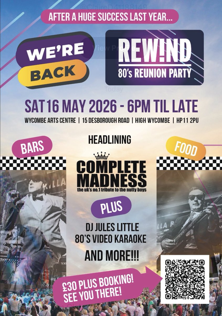 MadnessComplete's tweet image. ‼️WE HAVE SOME NEWS‼️

Delighted to announce we'll be playing at

Rewind Festival #80s Reunion Party 🎉

Saturday 16th May 2026 😎

Wycombe Arts Centre
#HighWycombe HP11 2QB

Tickets👇
eventbrite.co.uk/e/167074362214…

💥 𝙎𝙋𝙍𝙀𝘼𝘿 𝙏𝙃𝙀 𝙒𝙊𝙍𝘿 💥

#RewindFestival #Madness #Ska