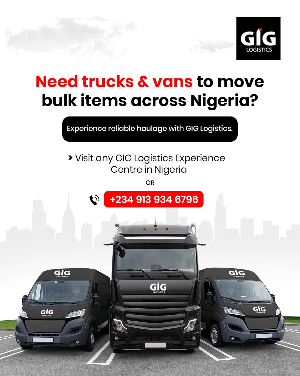 GiGLogistics's tweet image. Got bulk items to move across Nigeria?

Our trucks and vans are ready.

Reliable haulage. Nationwide delivery. Trusted logistics partner.

Visit any GIG Logistics Experience Centre near you or call +234 913 934 6796 today. 

#GIGLogistics #WeDeliver #Haulage