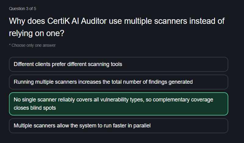 cingobitmax's tweet photo. CERTIK Answer
CertiK AI Auditor: Find What Matters, Cut the Rest
B
C
C
D
B
https://t.co/g1Aj5UB7Pz https://t.co/IiHYss0KDl