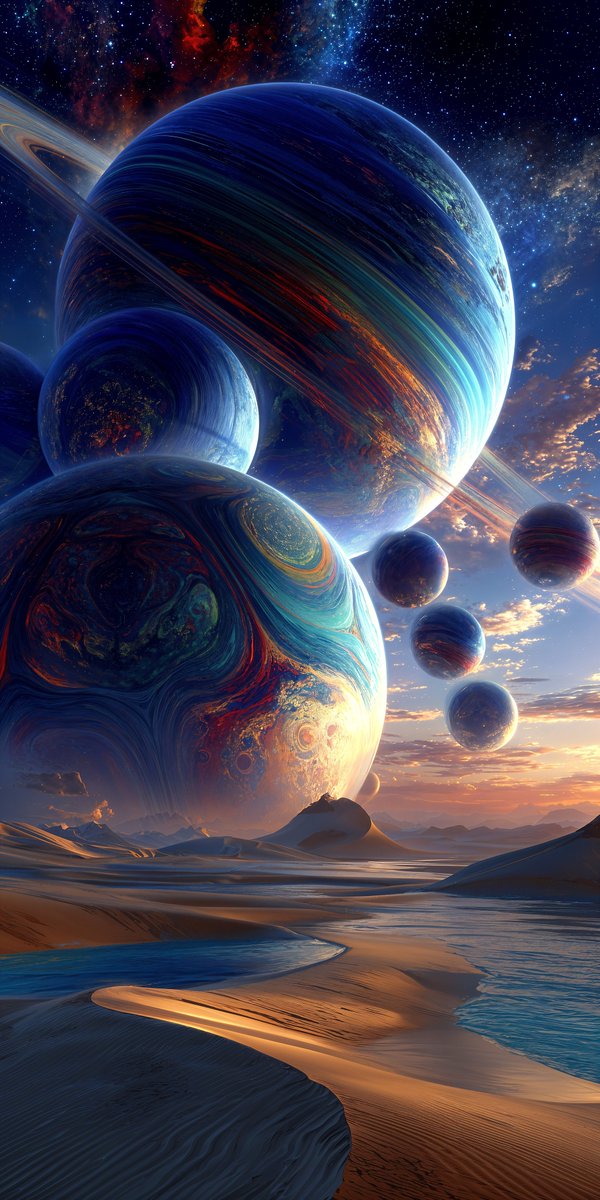 ___Aivory___'s tweet image. Celestial Alignment 4K Smartphone Wallpaper 🌌 
#BSUxAI  

A surreal convergence of cosmic giants above an otherworldly horizon, where galaxies collide with dreamlike serenity ✨  

Would you carry this universe in your pocket? 👀