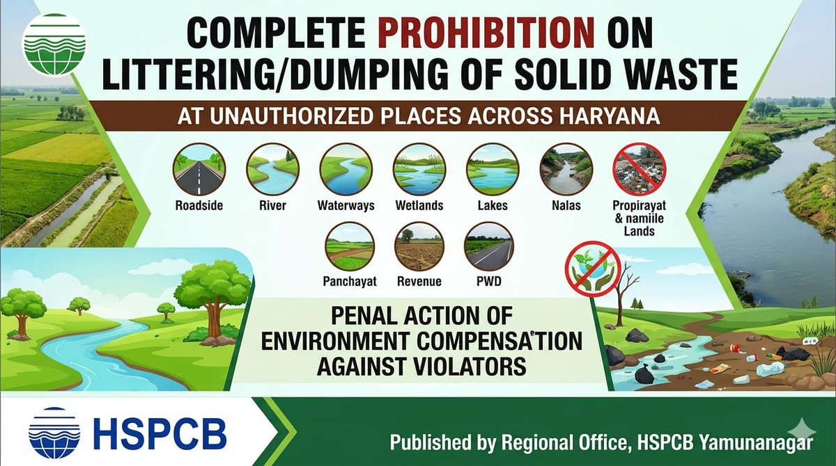 🚫 STOP THE POLLUTION! 🚫
Littering, dumping, or burning solid waste in unauthorized areas like Nallahs, ponds, and open lands is strictly prohibited. Let’s protect our water bodies and breathe cleaner air.
Keeping Haryana green and clean is a collective responsibility. 
#HSPCB