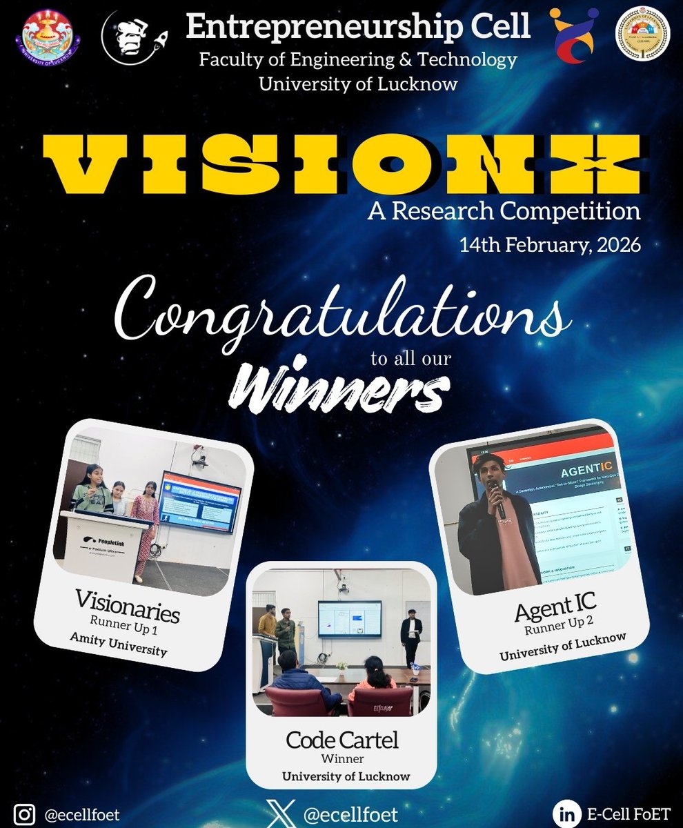 csefoetlkouniv's tweet photo. 🎉 Winners of VisionX 2026 &amp; KYU-2026 Quiz felicitated by the @satendrasejong Dean, FoET, University of Lucknow!
Kudos to all participants for showcasing innovation, knowledge &amp; excellence. 👏
E-Cell FoET continues to inspire research, curiosity &amp; leadership among students. 🚀 https://t.co/1IrYVzUNGn