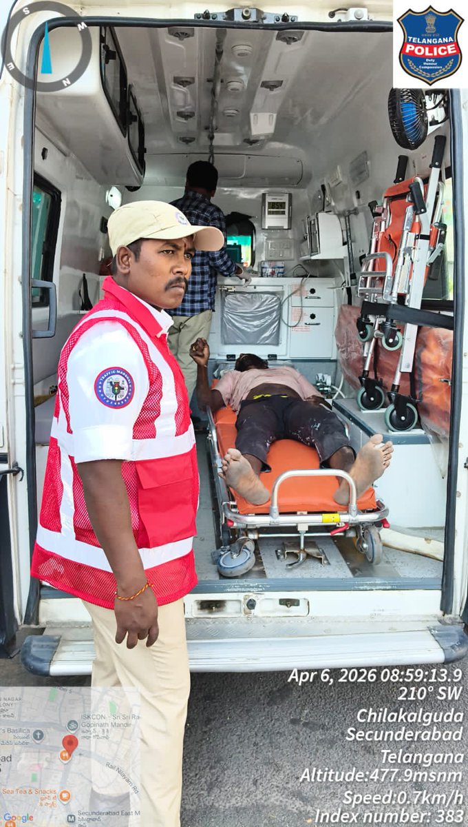HCSC_Hyd's tweet image. Mr. Santosh, a traffic marshal, showed presence of mind by helping a person who collapsed on the road 🚑He quickly arranged an ambulance and ensured safe hospital transport. A true act of compassion and duty. #RealHero #PublicSafety