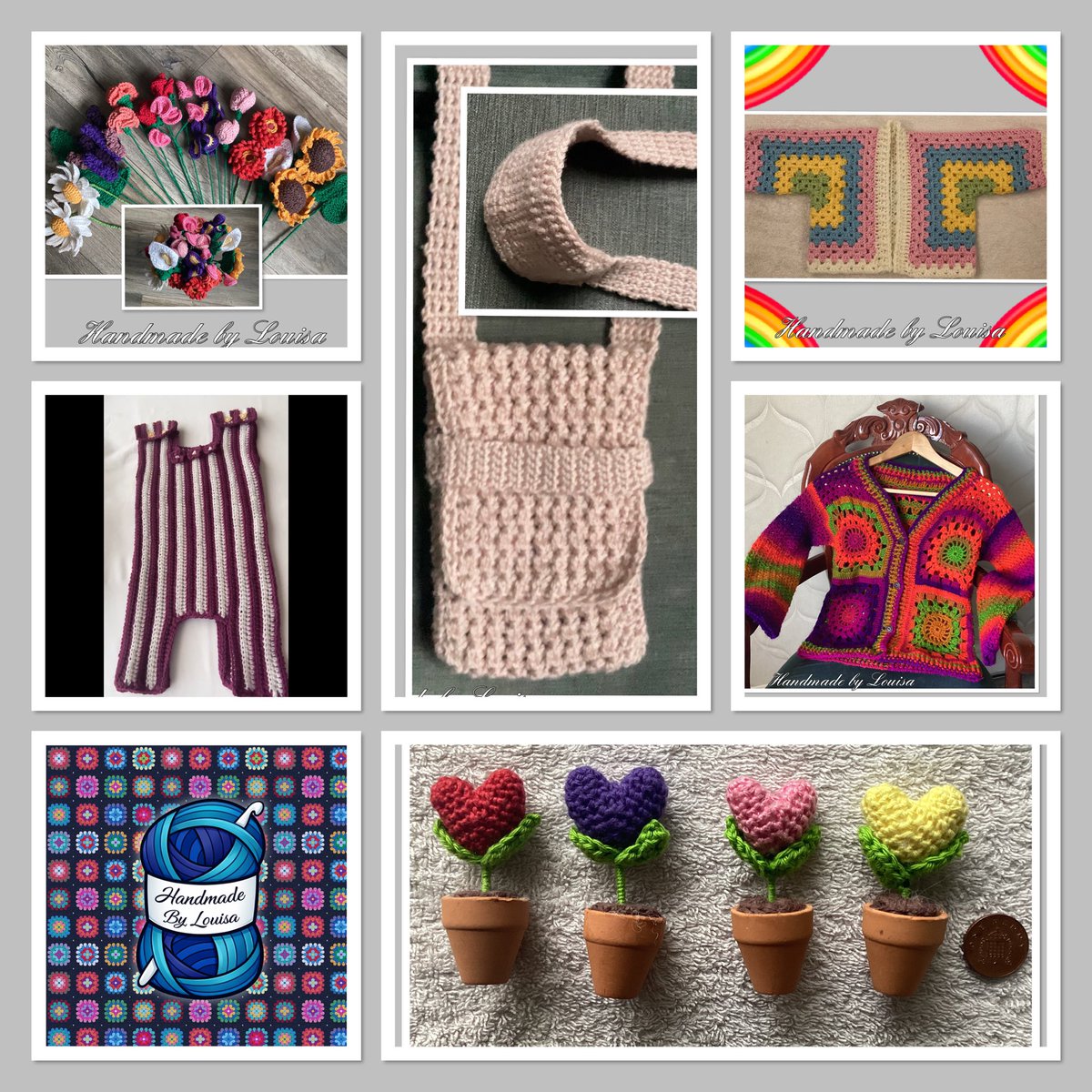 by_louisa's tweet image. A little round up today of recent makes, a lovely mix 🥰 #crochet #madetoorder #commissionswelcome #rainbow