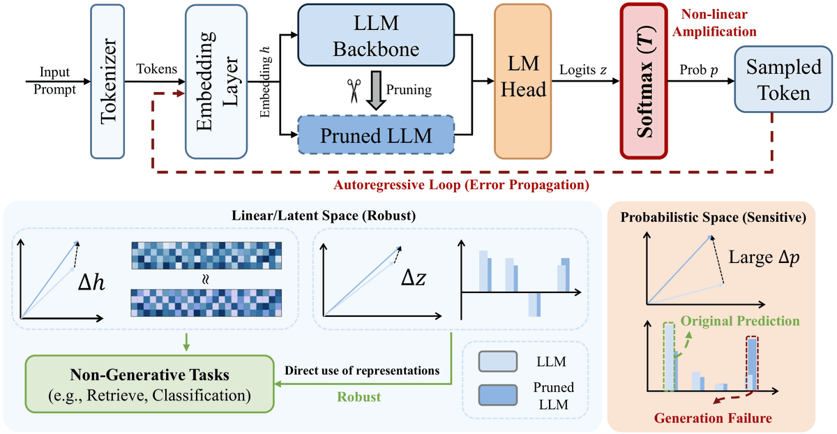 Shwai_He's tweet photo. 🚨 New paper alert !!

Network Pruning does not work uniformly across tasks.

It can remain effective on non-generative tasks,
yet fail badly on generative tasks. 🤔

In our paper, we ask both:
when does pruning work, and why?

We show that the answer lies in how pruning-induced perturbations evolve across representation hierarchies:

🧩 Embedding space: relatively robust
📈 Logit space: still stable
⚠️ Probability space: deviations can be strongly amplified

Under autoregressive decoding, these amplified deviations can accumulate and lead to severe failures in generation.

This provides a representation-level explanation for both when pruning works and why its effectiveness differs across task types, offering practical insights into pruning applicability. 🔍

📄 Paper: https://t.co/CCsyMmjAsK
💻 Code: https://t.co/wgsCVa9ejI