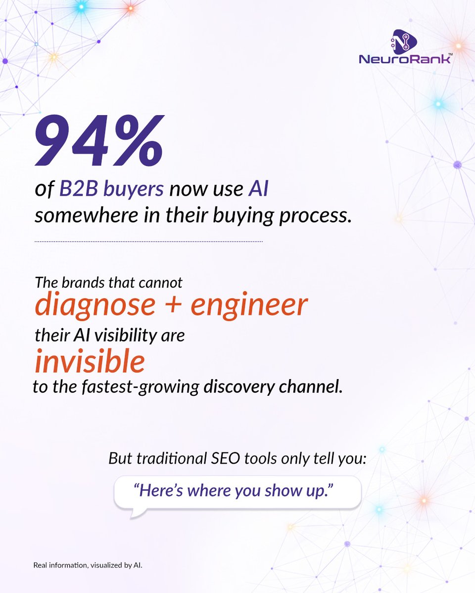 neurorank_ai's tweet image. Monitoring AI visibility shows what AI thinks about your brand.
Controlling it gets you recommended when buyers ask.
One observes.
The other gets you chosen.

Which side are you on?

Read more: neurorank.ai/neurorank-vs-s…

#LLM #AISEO #LLMO #AEO #AI #GenerativeAI