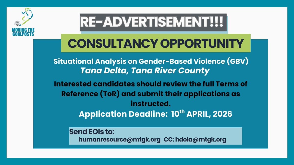MTGKilifi's tweet photo. We’re re-advertising a consultancy to conduct a GBV situational analysis in Tana Delta, Tana River County.
Seeking a qualified consultant/firm with strong GBV, gender & research expertise.
🔗 Apply: https://t.co/7BQBQyiXEk
#MTG #CallForConsultants #GenderEquality #Tunaweza https://t.co/nyXR9wA2pk
