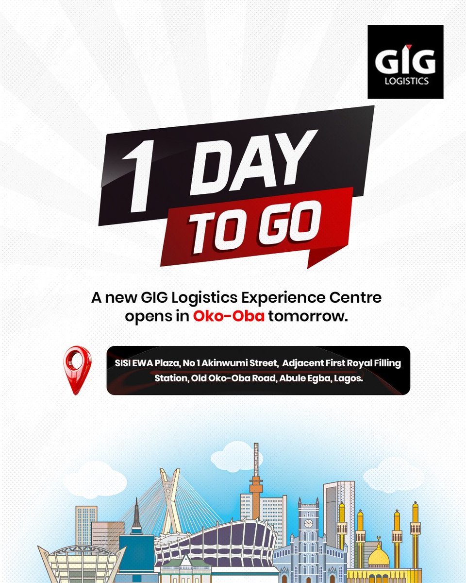 GiGLogistics's tweet image. Lagos, your new GIGL Experience Centre opens tomorrow.

Find us at SISI EWA Plaza, No 1 Akinwumi Street, Adjacent First Royal Filling Station, Old Oko-Oba Road, Abule Egba, Lagos.

We’ll be waiting for you.

#GIGLogistics #WeDeliver #GIGLLagos #ExperienceCentre