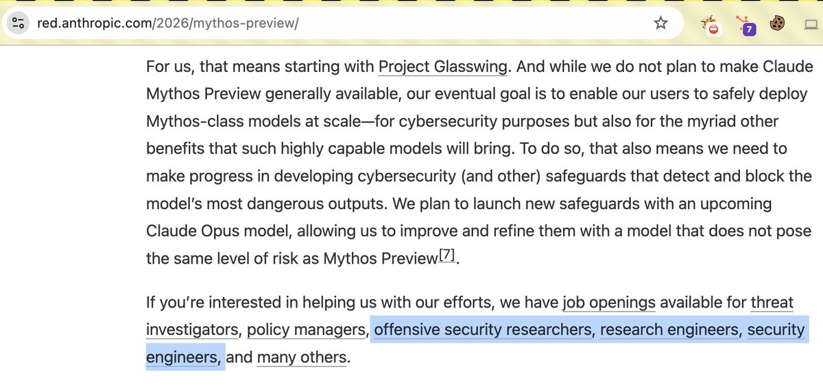 Security Engineer: ทาง Anthropic จะออก Model ใหม่ชื่อ Mythos เราจะตกงานกันหมดแล้ว

ในขณะเดียวกัน..

Anthropic: *เปิดรับสมัคร threat investigators, policy managers, offensive security researchers, research engineers, security engineers, .. *

เจ้าของ Model เองเค้ายังต้องมี