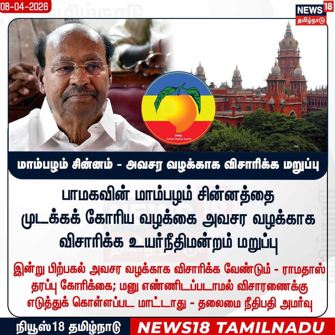 News18TamilNadu's tweet image. #JUSTIN மாம்பழம் சின்னம் - அவசர வழக்காக விசாரிக்க மறுப்பு 

#Ramdoss #Mango #PMK #ChennaiHighcourt #News18Tamilnadu | News18Tamil.com