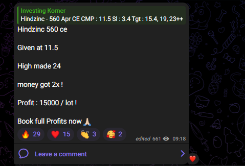 ChikouTrader's tweet image. #Hindzinc - bottom done, 

this is what we commented in our Research channel, in last week of March !!

Hindzinc 560 Apr CE, money got doubled today !!

Profit : 15000 / lot !

 To stay ahead of the crowd,

Join our Premium Research channel : rzp.io/rzp/5YsxCIW7