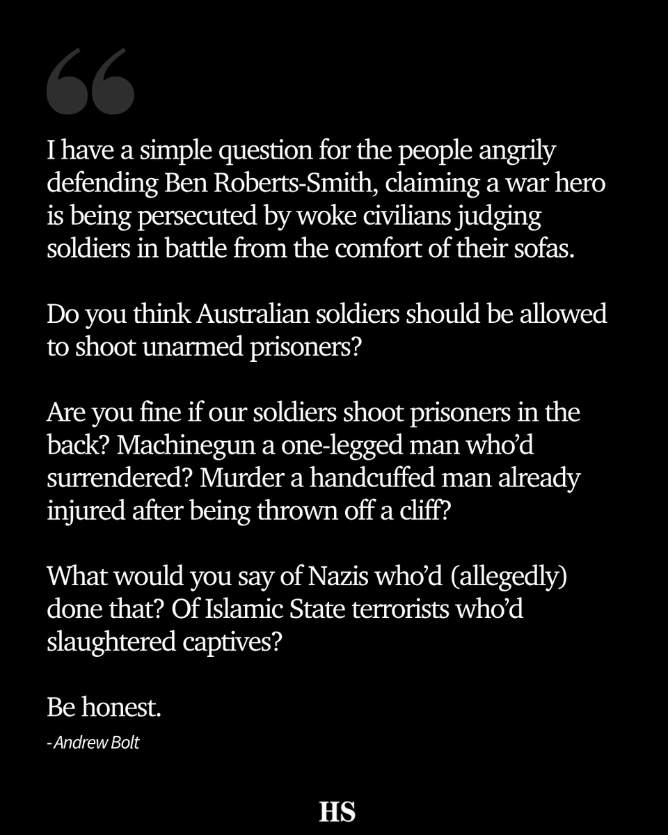 theheraldsun's tweet photo. ANDREW BOLT: Defending Ben Roberts-Smith is being made a test of our patriotism. But these allegations could not be swept under the carpet and our response to them is a measure of both our integrity and loyalty to Australian values. > https://t.co/vcRTZIhIew https://t.co/Xbi3FIqSgT