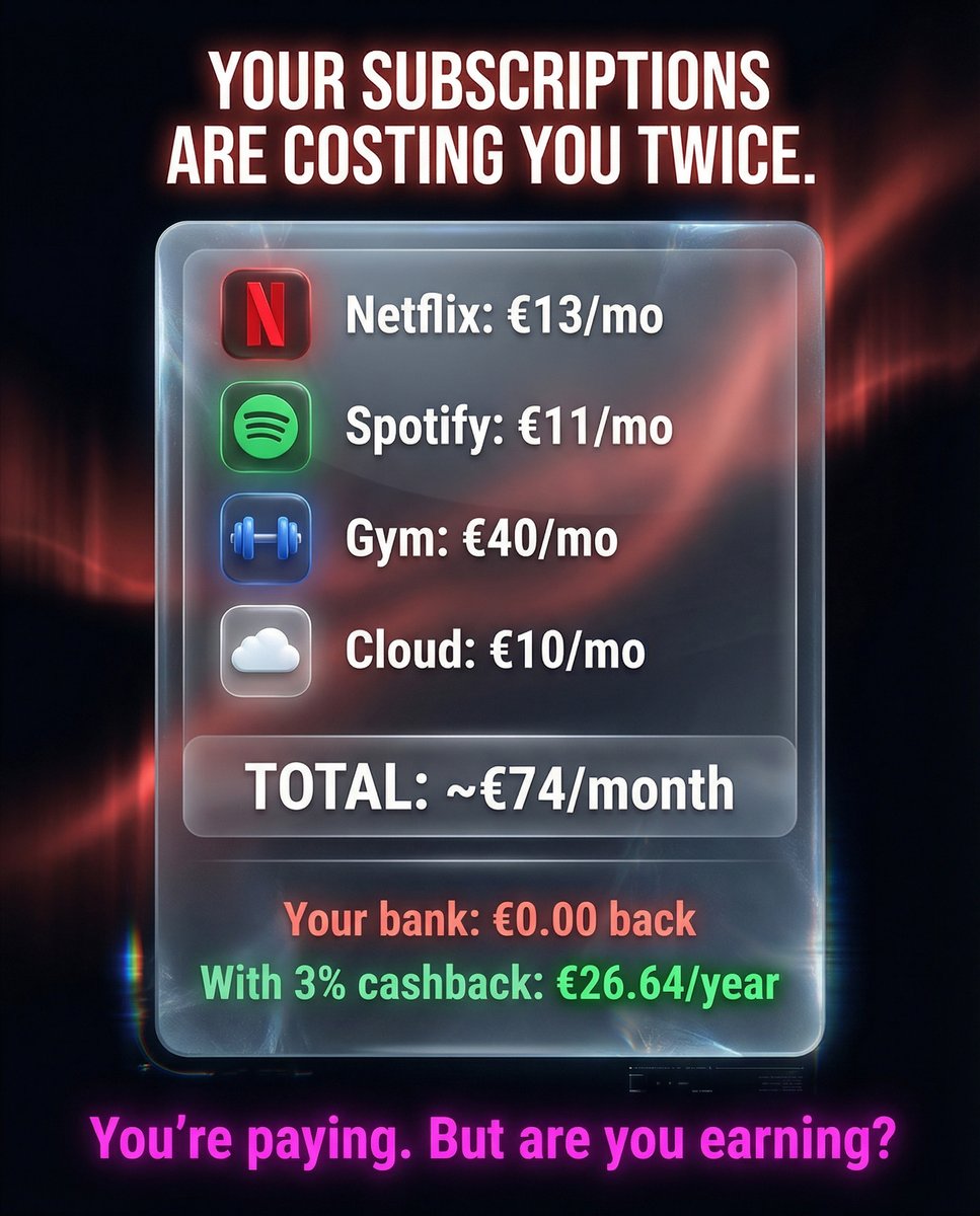 ToonPayOfficial's tweet image. Netflix + Spotify + Gym + Cloud = ~€74/month.

Your bank gives €0 back.
3% cashback = €26/year just from subscriptions.

What’s your biggest subscription? 👇

ref.toonpay.io/?user=user_33N…

#subscriptions #cashback #fintech #toonpay #moneytips