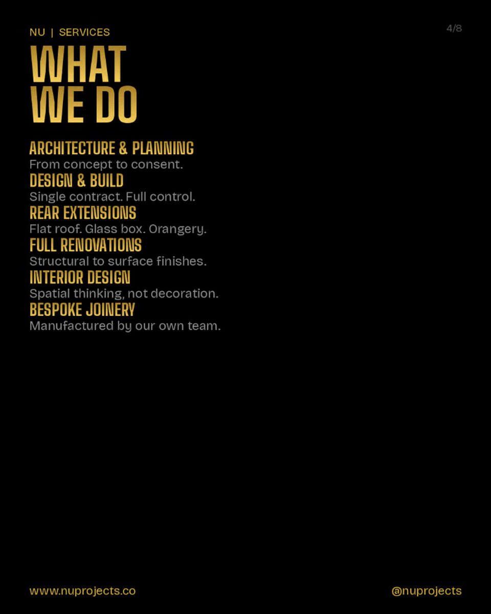 nuprojects_co's tweet image. Seven specialist services. One team. One standard.
Architecture. Design &amp;amp; Build. Basements. Renovations. Extensions. Interiors. Joinery.
This is what we build.

#NUProjects #DesignAndBuild #SuperPrimeLondon #LondonArchitecture #LuxuryRenovation