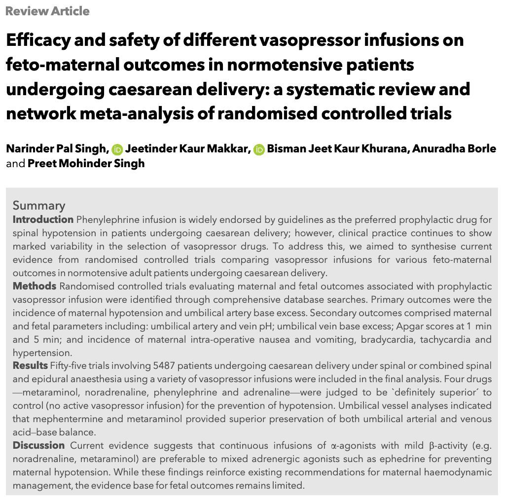 Anaes_Journal's tweet image. Efficacy and safety of different vasopressor infusions on feto-maternal outcomes in normotensive patients undergoing caesarean delivery: a systematic review and network meta-analysis of randomised controlled trials

 @SinghNP_23

#anaesthesia #obstetrics #MedTwitter