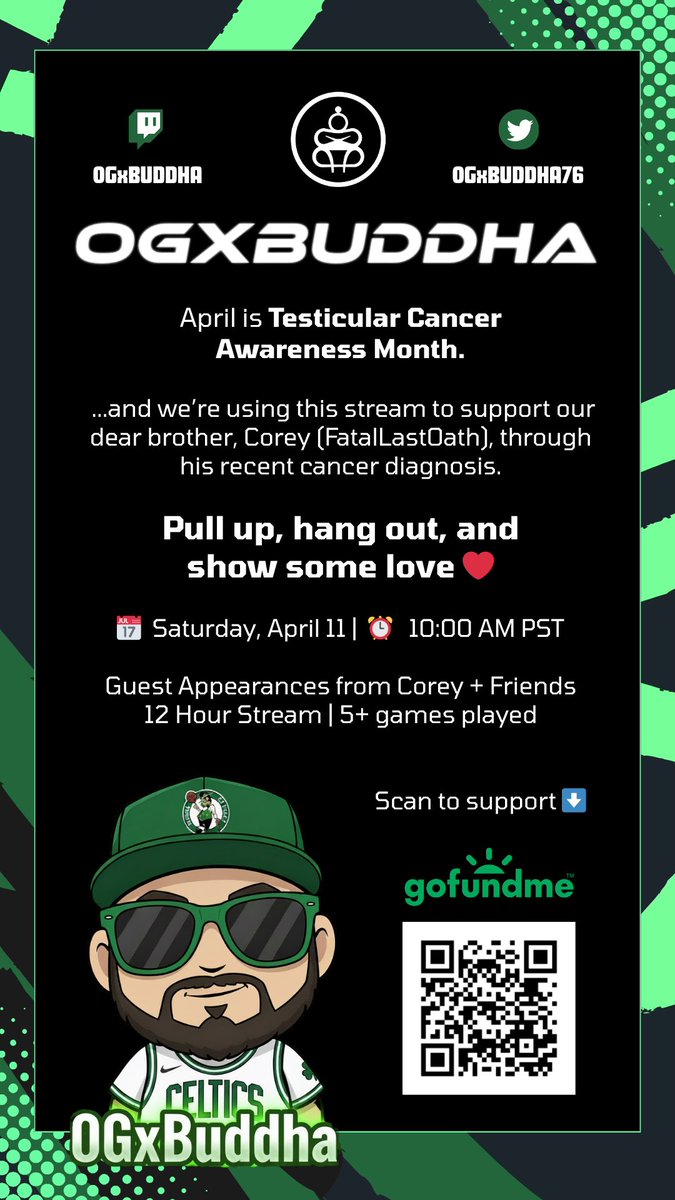 OGxBuddha76's tweet image. I know I haven’t been consistent, but I’m using my 2 year affiliate anniversary to uplift my homie Corey who was just diagnosed with cancer. Saturday we are going 12 hours straight with all of our buddies and bringing awareness to TC and my brother Corey. Tune in 💜 #FuckCancer