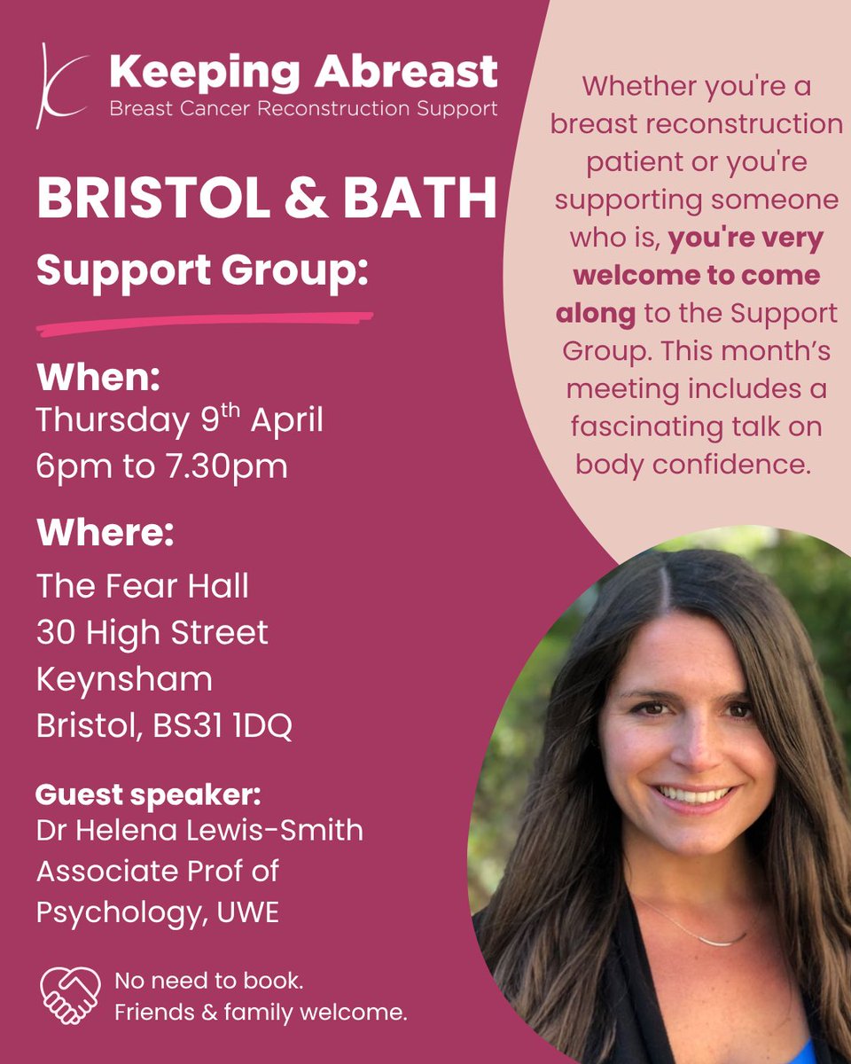 KAbreast's tweet photo. A reminder that there will be a fascinating talk tomorrow, Thursday 9th April, at the Keeping Abreast Bristol &amp; Bath Support Group from Helena Lewis-Smith, Associate Professor of Psychology at the University of the West of England, on body confidence. Come along to find out more! https://t.co/ftWuFFYljI