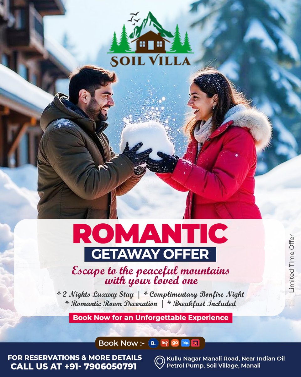 SoilVilla's tweet photo. Snow, love &amp; cozy moments ❄️❤️
Escape to Soil Villa, Manali for the perfect romantic getaway 💑
2N luxury stay | Bonfire | Romantic décor | Breakfast

📞 +91-7906050791
#romanticgetaway #manali #coupletrip #travelindia https://t.co/Mg9vbgDyFn