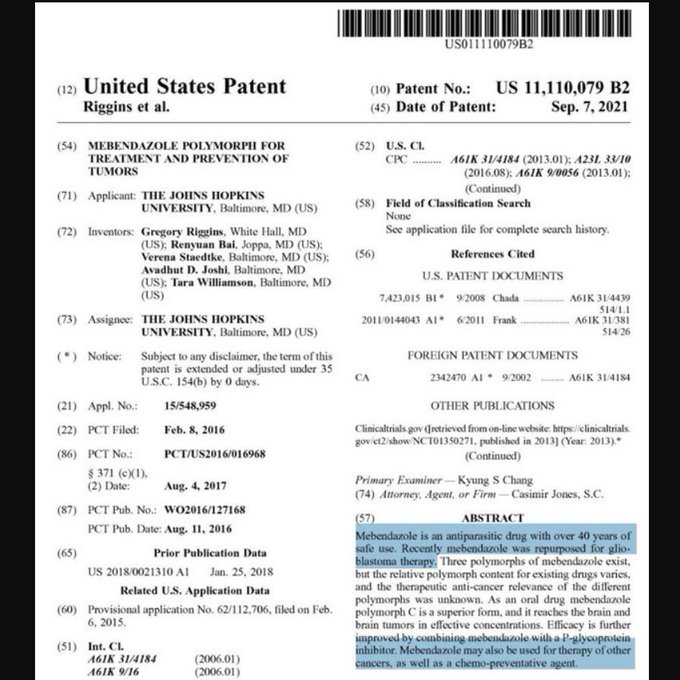 Ivermectinkart's tweet photo. John Hopkins University holds the patent for Mebendazole for TREATMENT &amp; PREVENTION OF TUMORS for years.

Big Pharma suppressed this because the Global Cancer Industry makes $250 Billion in annual revenue. https://t.co/YPF3hdova1