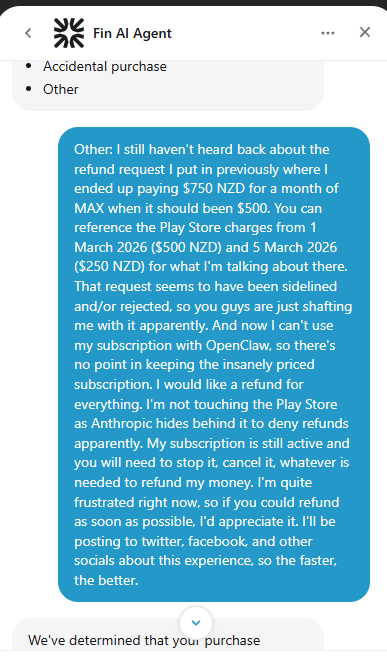 mstatz's tweet photo. Horrible experience with Anthropic Claude subscription. @AnthropicAI please fix this BS.   
They're hiding behind Google Play Store to refuse refunds.  I've had a paid app in the app store for a long time, I know just how easy it is to refund users. Screenshots to prove it: https://t.co/FfGcU03wTk