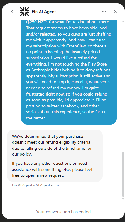 mstatz's tweet photo. Horrible experience with Anthropic Claude subscription. @AnthropicAI please fix this BS.   
They're hiding behind Google Play Store to refuse refunds.  I've had a paid app in the app store for a long time, I know just how easy it is to refund users. Screenshots to prove it: https://t.co/FfGcU03wTk