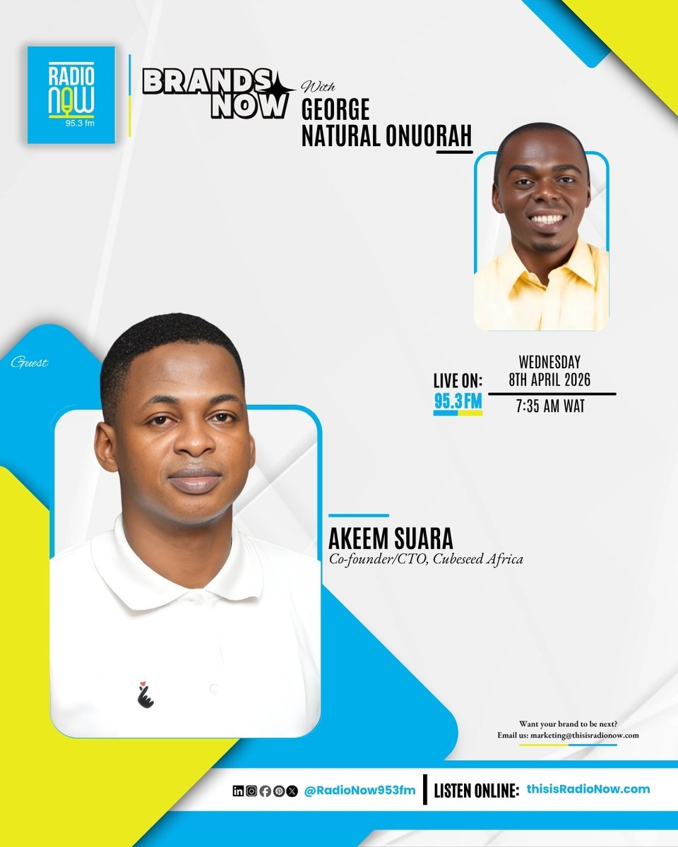 RadioNow953FM's tweet photo. Today on Brands Now with George Natural Onuorah, our guest is Akeem Suara, Co-founder &amp; CTO, Cubeseed Africa.

Tune in for insights and catch up on previous episodes on Radio Now Studio on YouTube.

Want your brand featured on Brands Now?
✉️: marketing@thisisradionow.com https://t.co/MQHmLxokq3