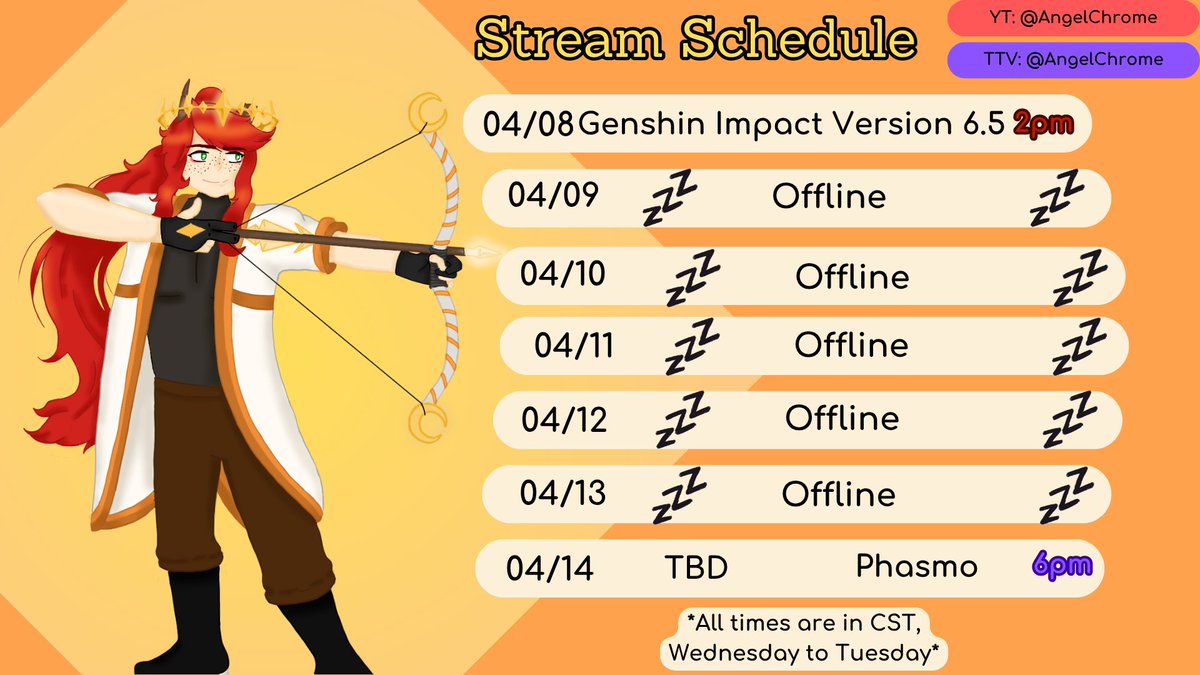 ✨Streaming Schedule for 4/08 - 4/14!!
Work is still keeping me super busy so squeezing in what I can!

Wednesday we can explore Genshin's Newest Update!!
Tuesday may be a Double day, but I'll make sure to tell you guys, otherwise Phasmo should be a guarantee!