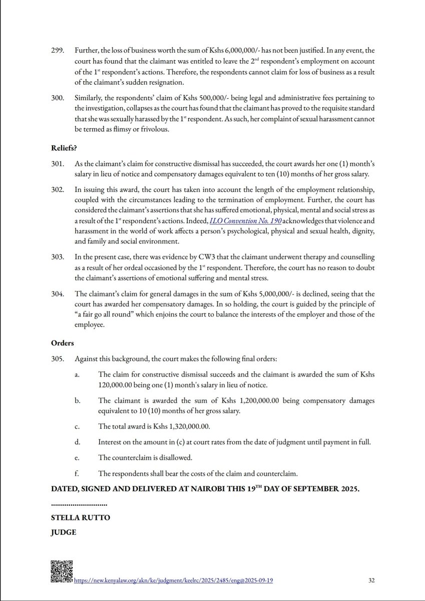 pmpaulmukiibi's tweet photo. Sexually explicit or suggestive digital content, including WhatsApp messages and TikTok videos, sent by a workplace superior to a junior employee constitutes sexual harassment.

In RAO v O L & another (Cause E744 of 2023) [2025] KEELRC 2485 (KLR) (19 September 2025), the claimant was employed as a Finance and Admin Associate and reported directly to the 1st respondent, the company’s CEO. She alleged that he subjected her to sexual harassment through inappropriate digital communications and later sexually assaulted her after a client meeting in January 2023. 

Although the company placed her on paid leave and appointed an independent investigator, she resigned, contending that the 1st respondent’s conduct had rendered the workplace hostile, intolerable and unconducive. 

The court held that the superior’s sexually explicit messages constituted sexual harassment and that the claimant had proved, on a balance of probabilities, that the 1st respondent had sexually assaulted her, contrary to section 6(1) of the Employment Act and ILO Convention No. 190. 

The court further held that the 1st respondent’s actions rendered the workplace hostile, intolerable and unconducive, leaving her with no option but to resign and thereby establishing constructive dismissal. 

Consequently, the court awarded her one month’s salary in lieu of notice and ten months’ gross salary as compensatory damages, totalling Kshs 1,320,000. The respondents’ counterclaim was dismissed.

Read full judgment here: https://t.co/3omjTbG6i2