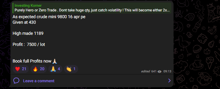 ChikouTrader's tweet image. Yday, everyone was Panic and predicting,

 #Crude will hit $ 140+++  !!

from last 2 days, 

I was suggesting #Crude is looking exhausted, 

and, yday, took a SNIPER ENTRY !

Crude mini 9800 Apr PE

given at 430

Made High : 1189

Our subscribers Booked a  Profit : 7500 / lot !!