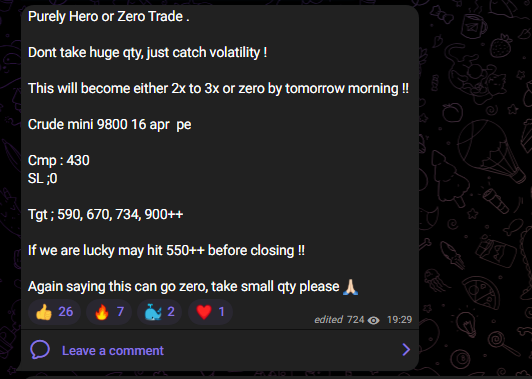 ChikouTrader's tweet image. Yday, everyone was Panic and predicting,

 #Crude will hit $ 140+++  !!

from last 2 days, 

I was suggesting #Crude is looking exhausted, 

and, yday, took a SNIPER ENTRY !

Crude mini 9800 Apr PE

given at 430

Made High : 1189

Our subscribers Booked a  Profit : 7500 / lot !!