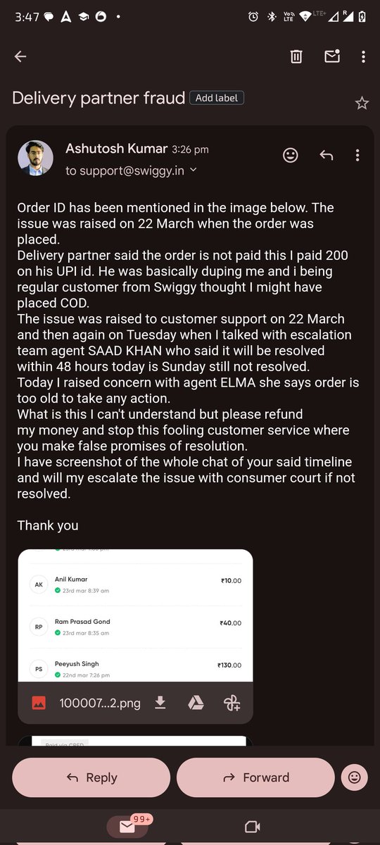 ash226kr's tweet photo. @SwiggyCares Order ID is mentioned in the provided screenshot along with issue forwarded on mail. In brief your delivery valet took payment on his personal id on a prepaid order. I didnot verify whether it was paid or not because I do it regularly and i forgot. https://t.co/SIYTJrpMsD
